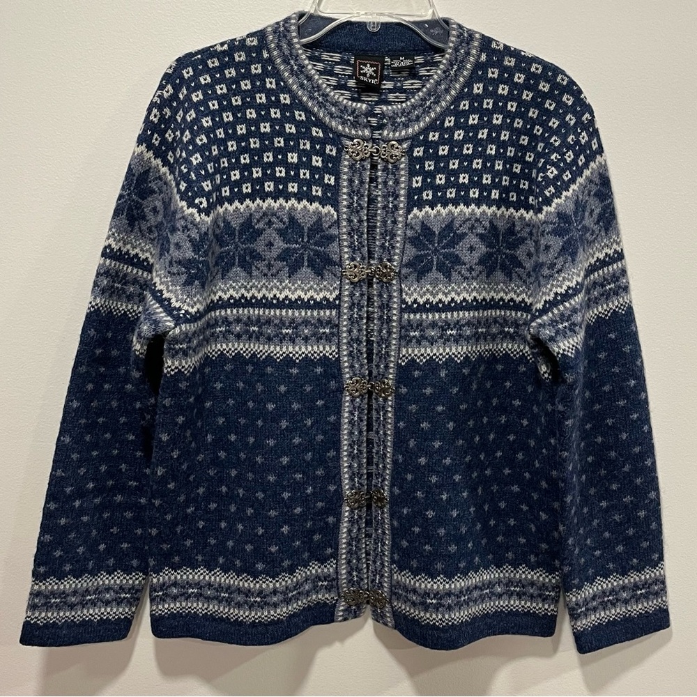 SKYR Nordic Cardigan Fair Isle Womens M Wool Blue Sweater